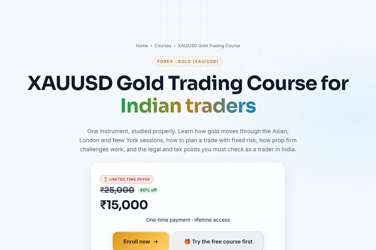 Screenshot: the XAUUSD Gold Trading Course page with price and refund terms